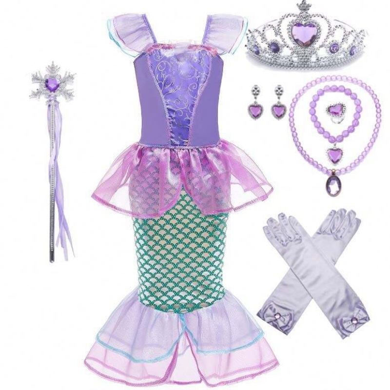 Habiller la fête petite fille sirène princesse sirène costume fille avec gants couronne baguette 3-10 ans DGHC-028