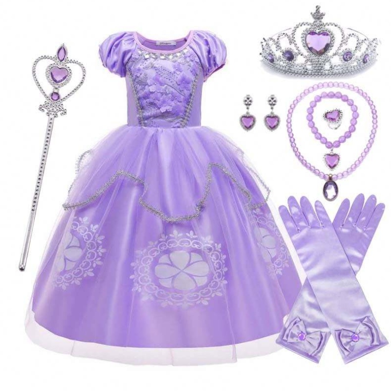 Fantomage Purple Kids Puff Sleeve Princess Sofia Halloween Costume avec accessoires HCRS-005