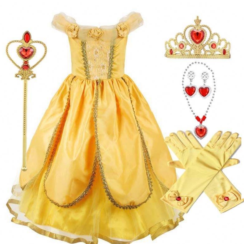 2022 Nouveaux arrivées Little Kid Ball Bow Halloween Party Cosplay Girls Princess Belle Beauty Costume HCBL-004