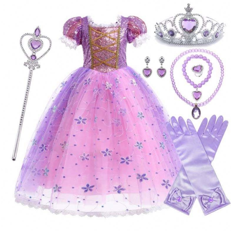 Girls Princess Costume Rapunzel Puff Sleeve Sequin Cosplay Robe Purple avec des accessoires HCRS-007
