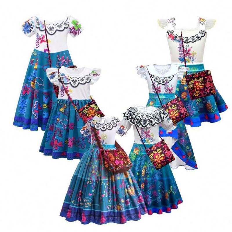 2022 Enfants Encanto Madrigal Princess Jirts Tenues Blue Mirabel Robe d'Encanto avec sac 100-160 cm HCIS-001
