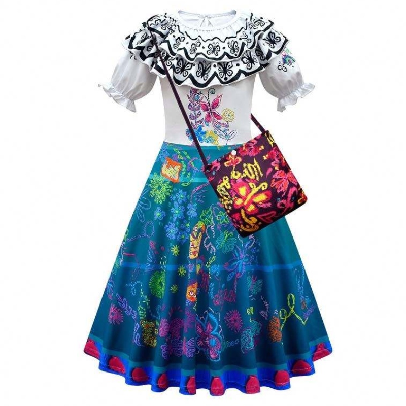 2022 Enfants Encanto Madrigal Princess Jirts Tenues Blue Mirabel Robe d'Encanto avec sac 100-160 cm HCIS-001