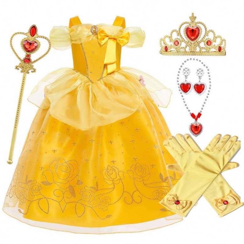 Halloween Christmas Tenues Little Girl Yellow Endhered Classic Children Belle Princess Robes avec accessoires HCBL-005