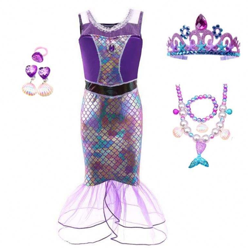 Princess Little Girls Sequins Robe de sirène pour fille 6 à 7 ans avec des bijoux HCMM-006
