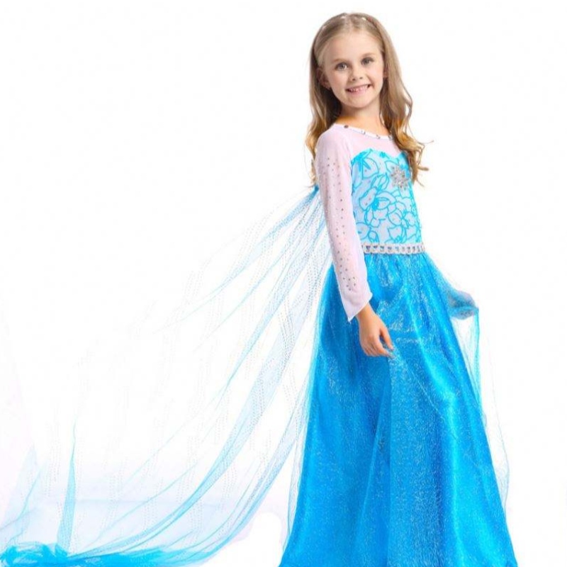 Baige Hot Sellf Children \\ Wear Baby Girls Long Mancheve Maxi Robe Elsa Robe avec Cloak