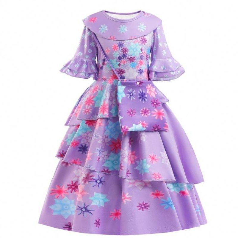 2022 NOUVELLE KIDES FORME ENCANTO Costume Isabella Cosplay Flower Imprimé Daily Wear Robe For Girl with Bag