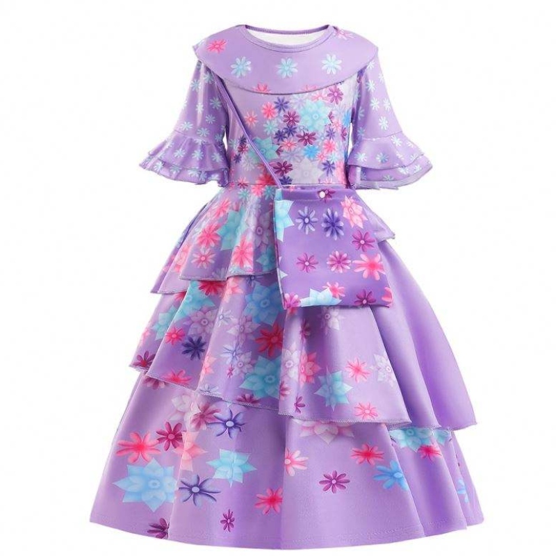 2022 NOUVELLE KIDES FORME ENCANTO Costume Isabella Cosplay Flower Imprimé Daily Wear Robe For Girl with Bag