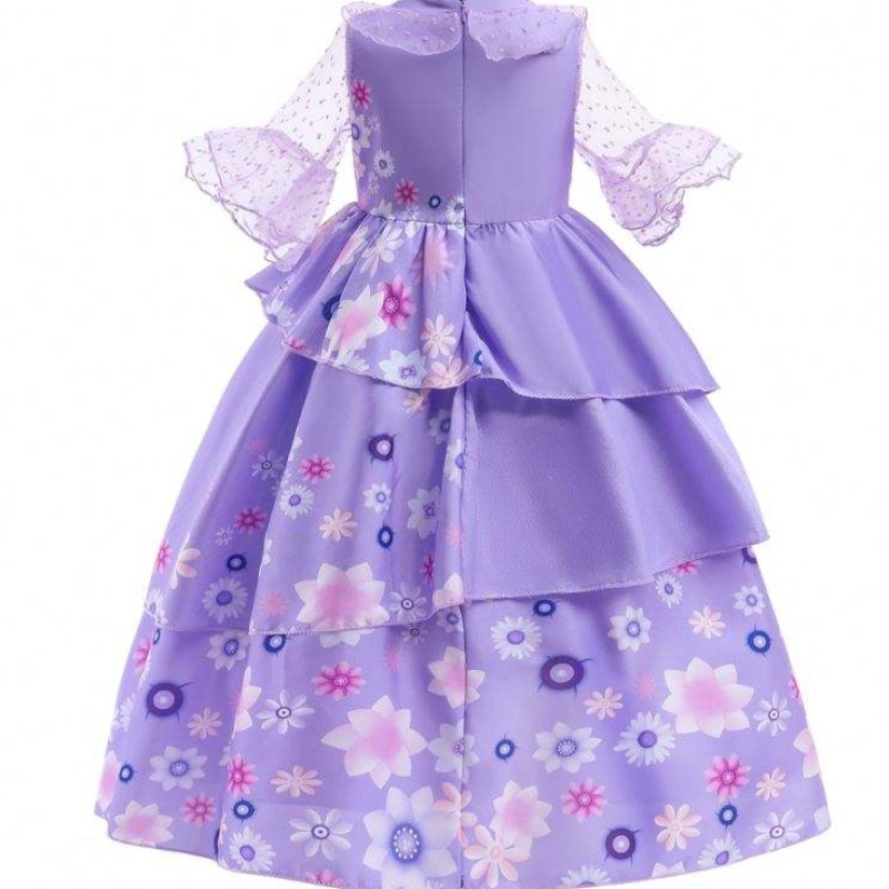 Vente chaude Kids Encanto Film Costume Isabella Cosplay Purple Floral Girls Silk Maxi Long Robe