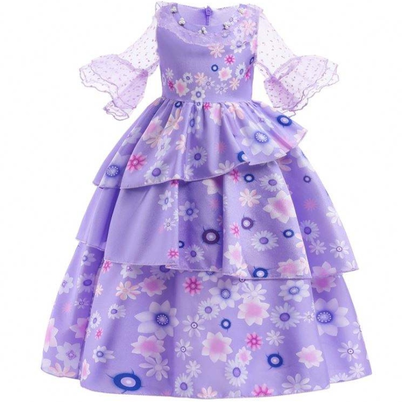 Vente chaude Kids Encanto Film Costume Isabella Cosplay Purple Floral Girls Silk Maxi Long Robe