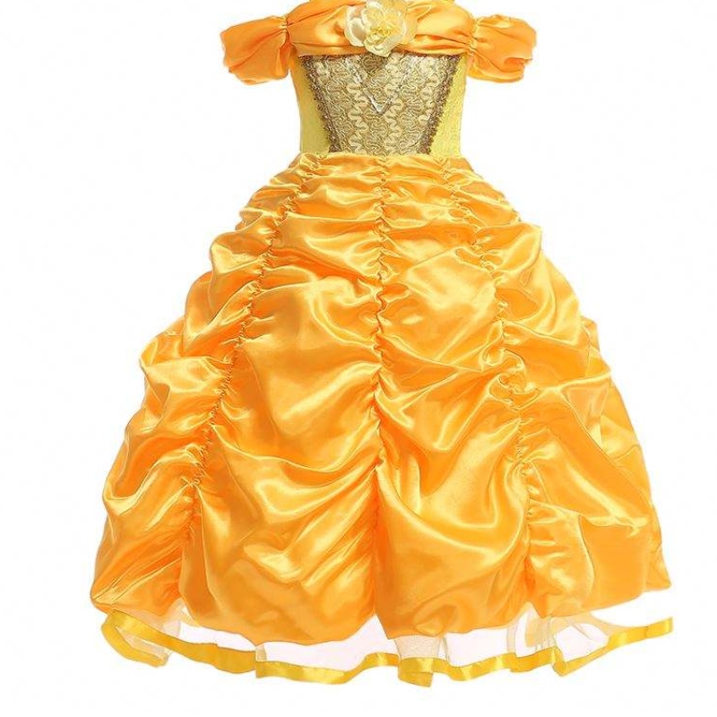 Baige Nouveau design Kids Costume Girls Robes Noms avec photos Princesse Belle Long Robe Puffy Yellow Robe SMR023