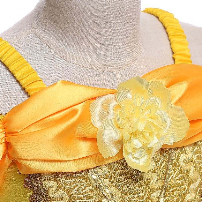 Baige Nouveau design Kids Costume Girls Robes Noms avec photos Princesse Belle Long Robe Puffy Yellow Robe SMR023