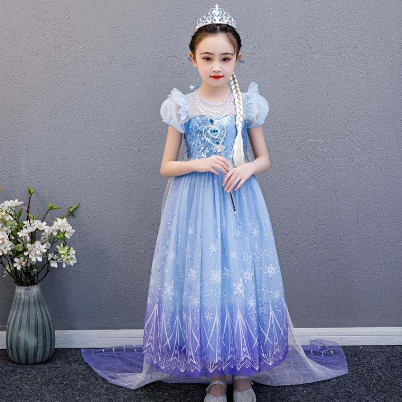 Baige 2021 New Blue Elsa Anna Girl Party Robe Cosplay Dress Up Princess avec collier fait à la main et Cape longue