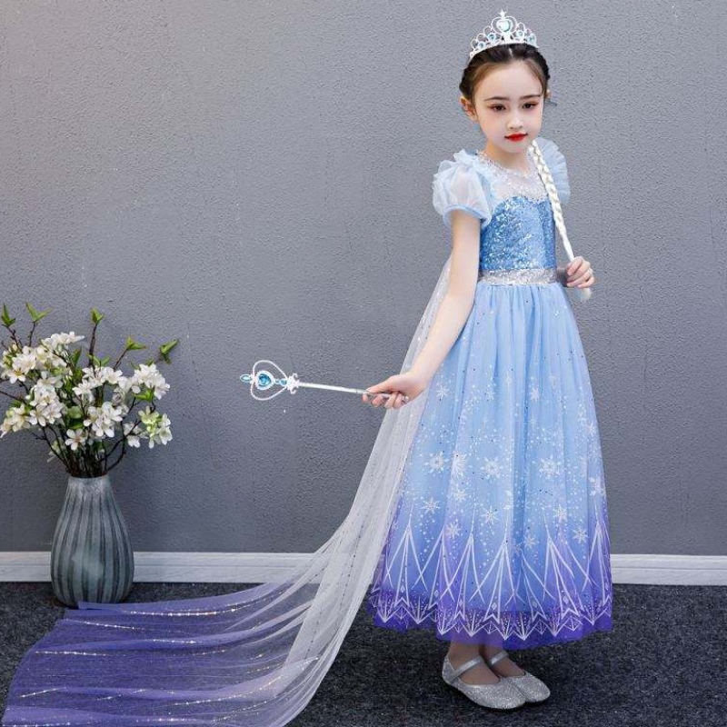 Baige 2021 New Blue Elsa Anna Girl Party Robe Cosplay Dress Up Princess avec collier fait à la main et Cape longue