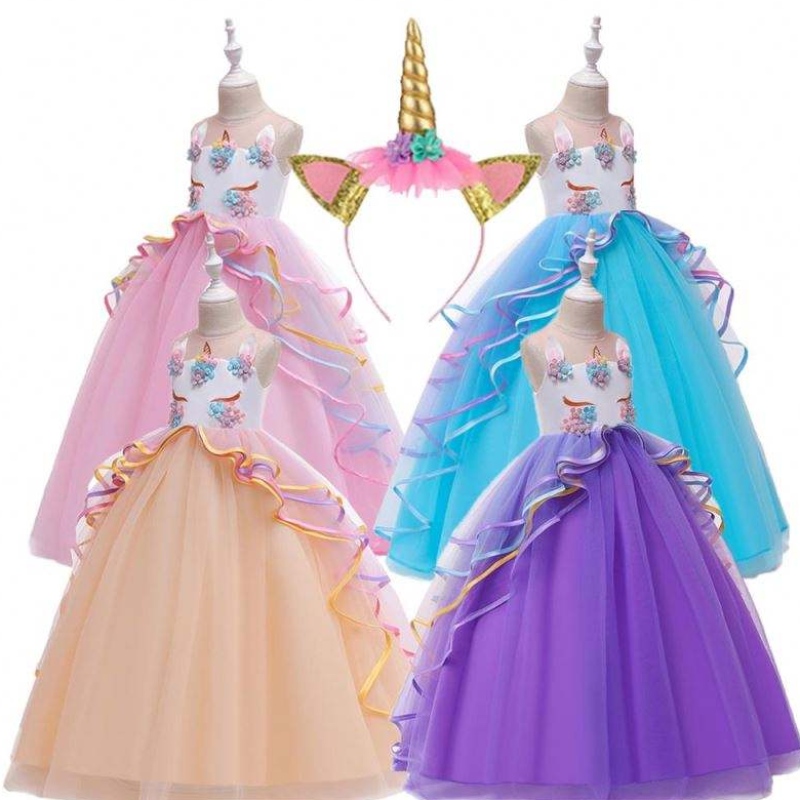 Baige 3-15 ans Girl Unicorn Party Robes Ruffles pour enfants Vêtements Costume Robe de fête d'anniversaire