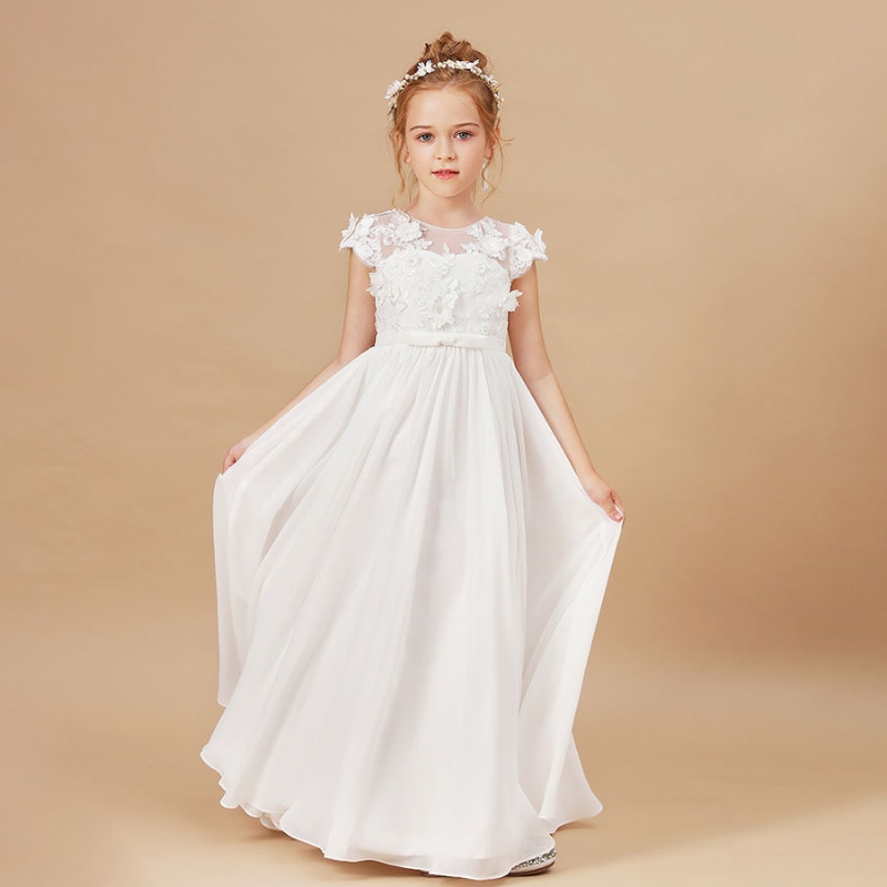 Flower Girl Robes appliques sans manches pour enfants de fête d'anniversaire de fête d'anniversaire Pageants Mariages Première Primera Communion Vestidos élégants 2-14