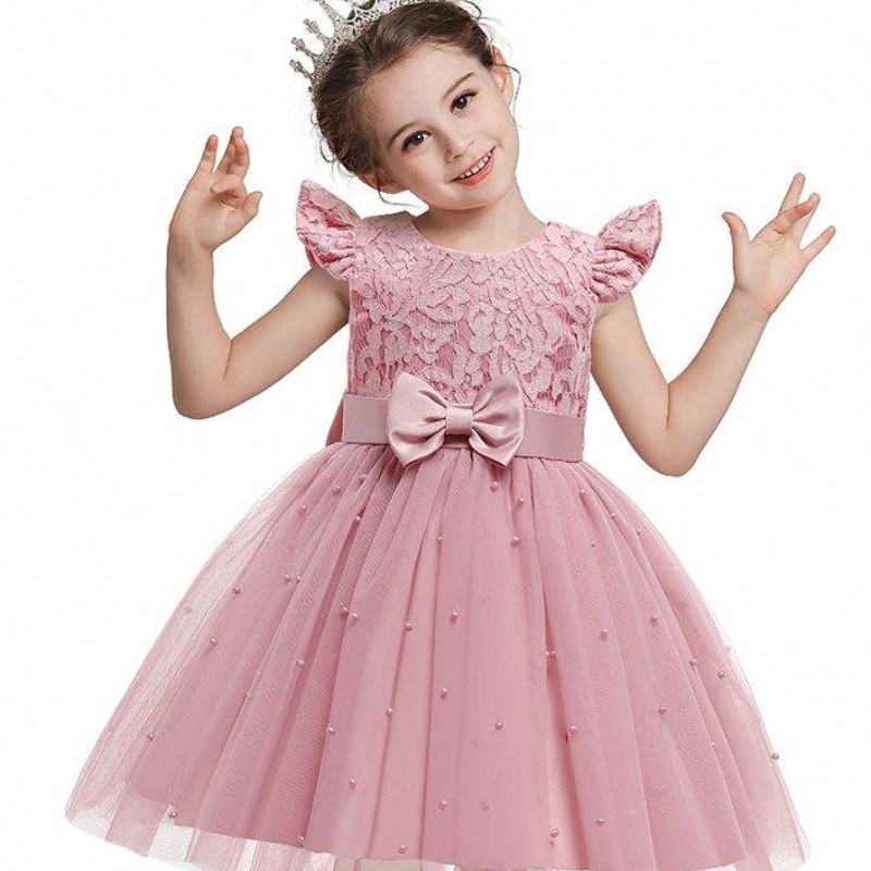 Baige Cross-Border Kids Robe en gros Couleur solide dentelle Bowknot Children's Party Birthday Robe D0761