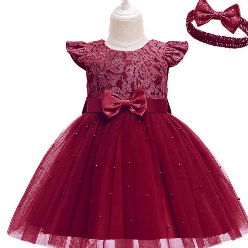 Baige Cross-Border Kids Robe en gros Couleur solide dentelle Bowknot Children's Party Birthday Robe D0761