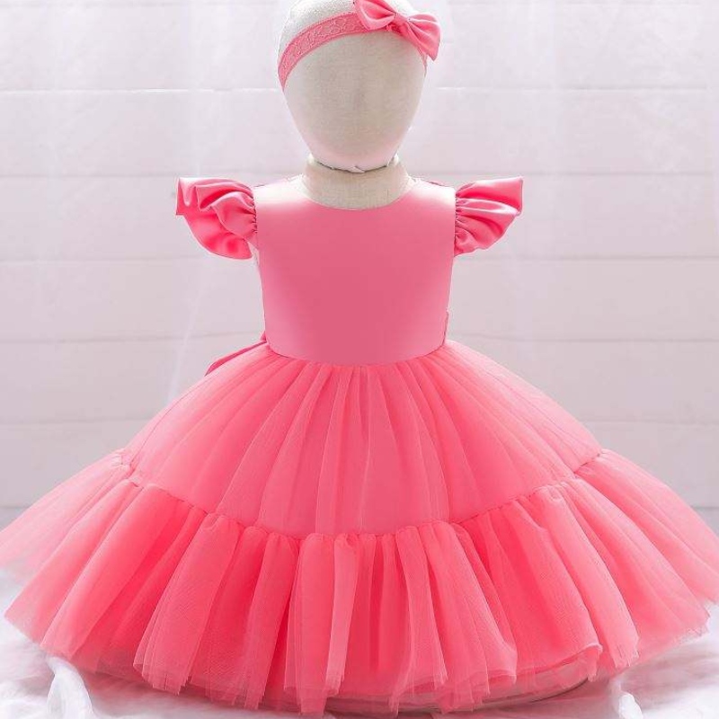 Baige Mesh Satin Princess Girls Robes d'anniversaire Belle fille Bécho Girls Robe Designs pour le baptême avec bandeau