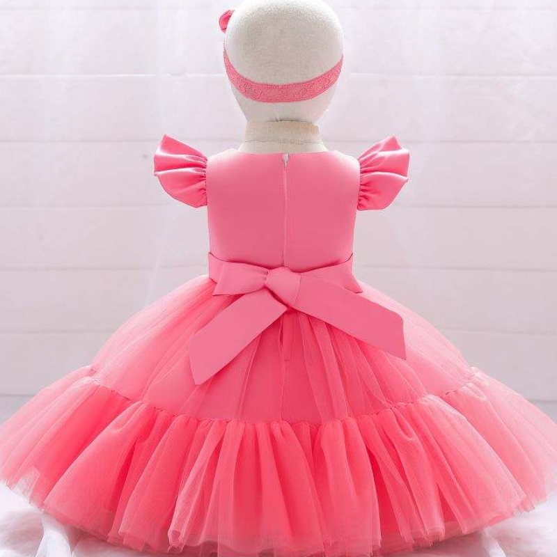 Baige Mesh Satin Princess Girls Robes d'anniversaire Belle fille Bécho Girls Robe Designs pour le baptême avec bandeau