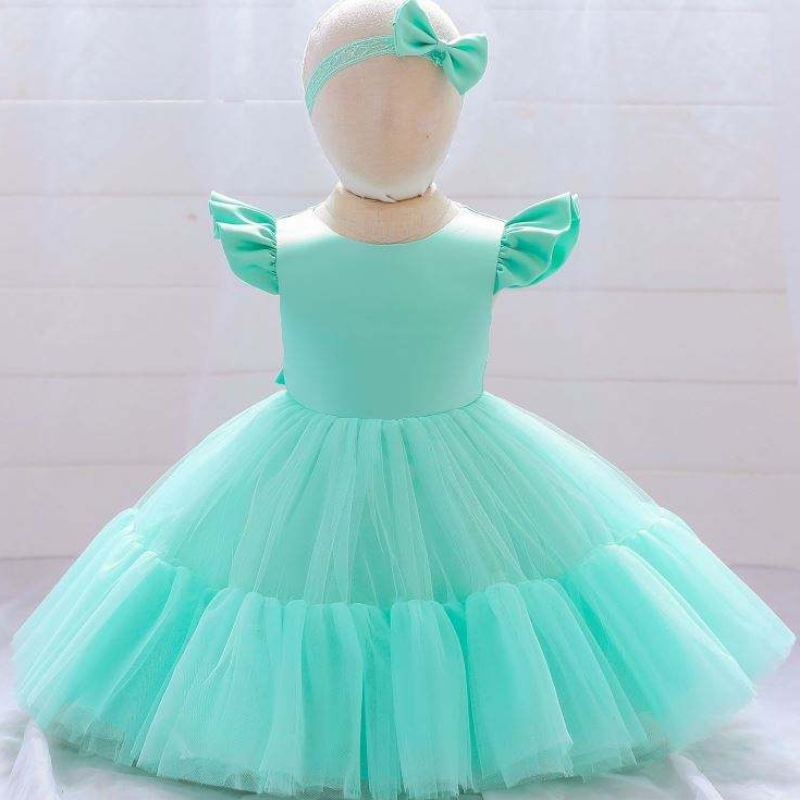 Baige Mesh Satin Princess Girls Robes d'anniversaire Belle fille Bécho Girls Robe Designs pour le baptême avec bandeau