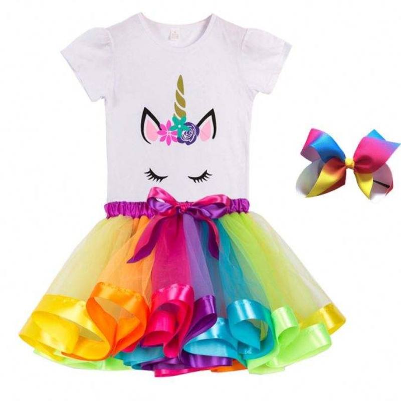 T - shirt coloré + robe vêtements de fête d'anniversaire coton d'été Licorne robe DJS 075