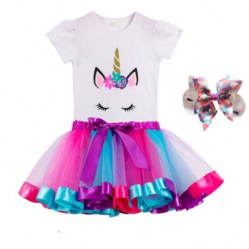 T - shirt coloré + robe vêtements de fête d'anniversaire coton d'été Licorne robe DJS 075