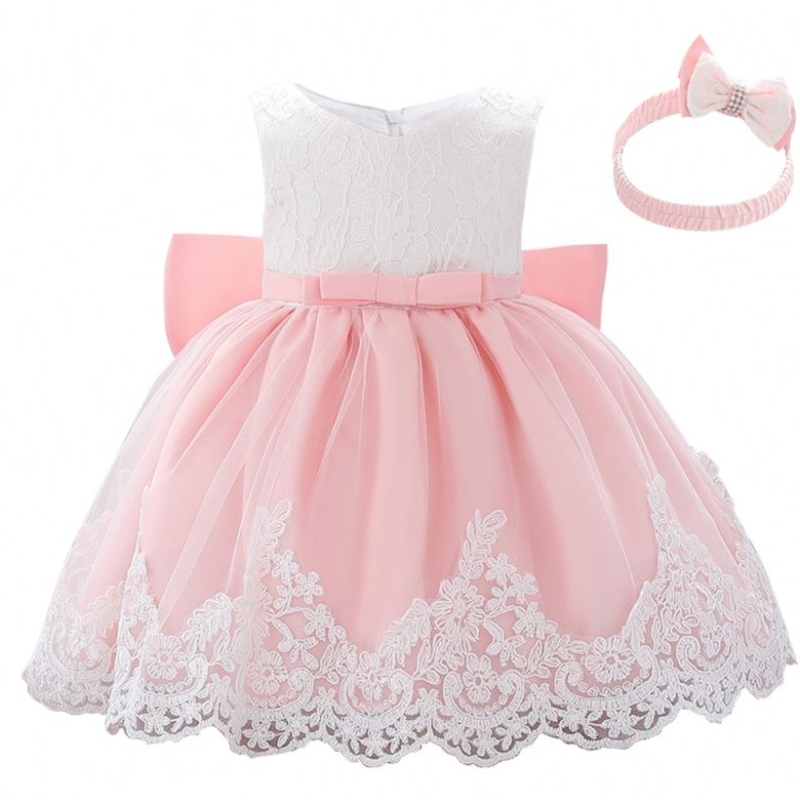Baige 2021 Summer Pink Girl Sans manches Sans fête des enfants robes de dentelle princesse Big Bow Robe