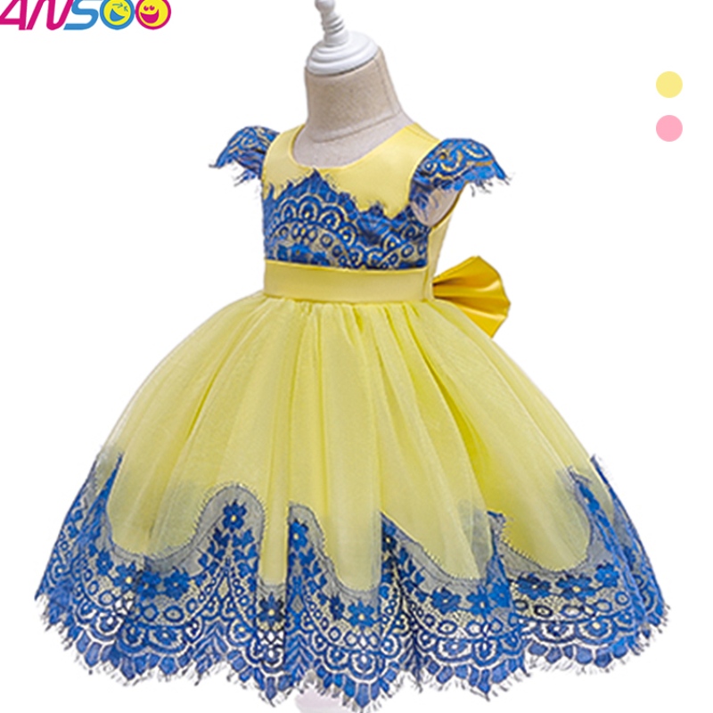 ANSOO New Children's Clash Color ins Robe Sequins Lace Princess Robe With Big Bow pendant 3 à 10 ans Girl