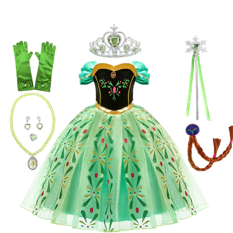Anna Princess Girls Green Dress Costume de performance des enfants avec un plein d'accessoires pour la fête adulte