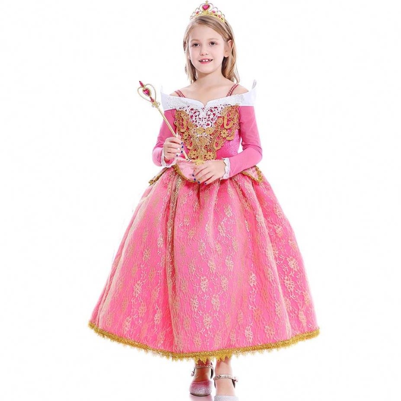 Baige New Girls Princess Aurora Costume à manches longues Robe de fête d'anniversaire de la beauté endormie