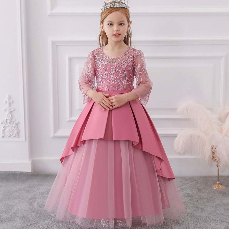 Baige en dentelle arabe à manches longues robe princesse d'été fleur fille de mariage robe de fête