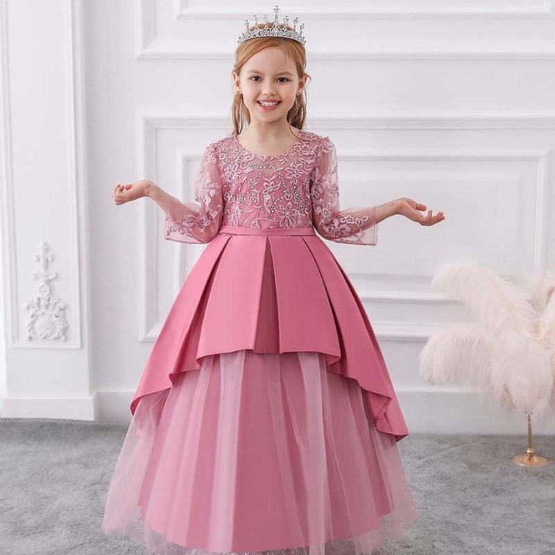 Baige en dentelle arabe à manches longues robe princesse d'été fleur fille de mariage robe de fête