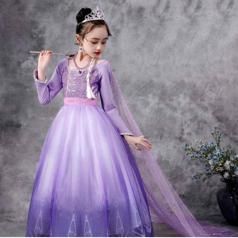 Baige Snow Queen Purple Elsa Robe Christmas Halloween Anna Costume Girls Long Manches brodées Robes à paillettes