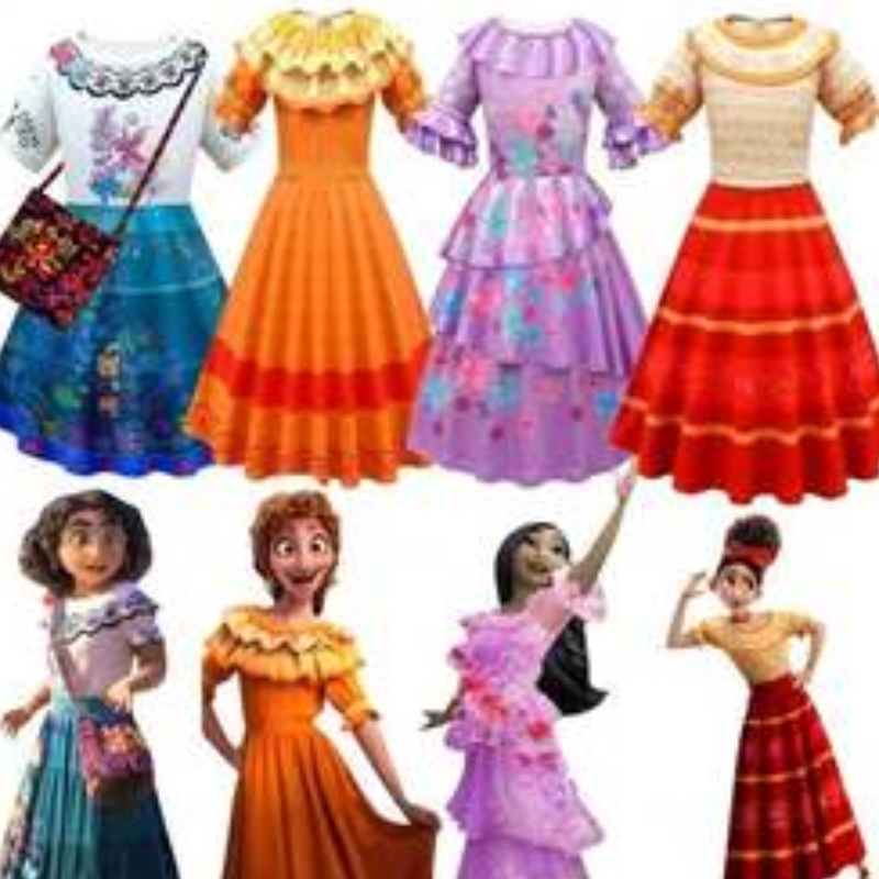 Baige Kids Girls Encanto Mirabel Cosplay Robe avec sac Halloween Carnival Costume Costume