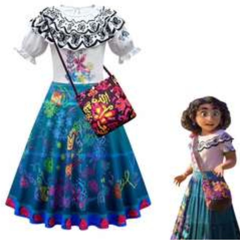 Baige Kids Girls Encanto Mirabel Cosplay Robe avec sac Halloween Carnival Costume Costume