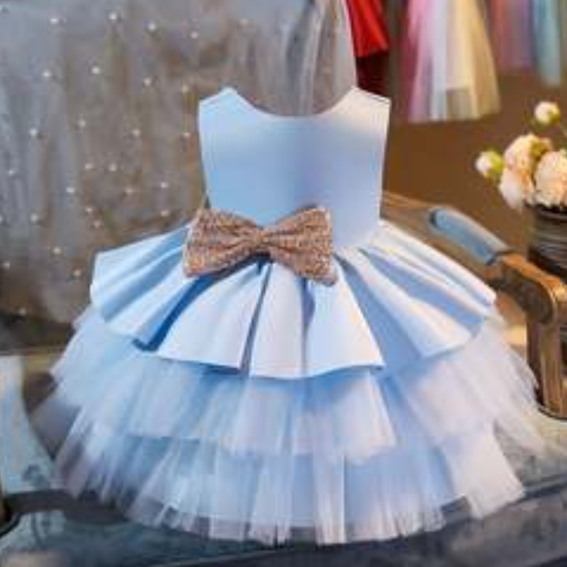 Baige New Children's Party Robe Frock Kids Mariage Vêtements Sans manches midi