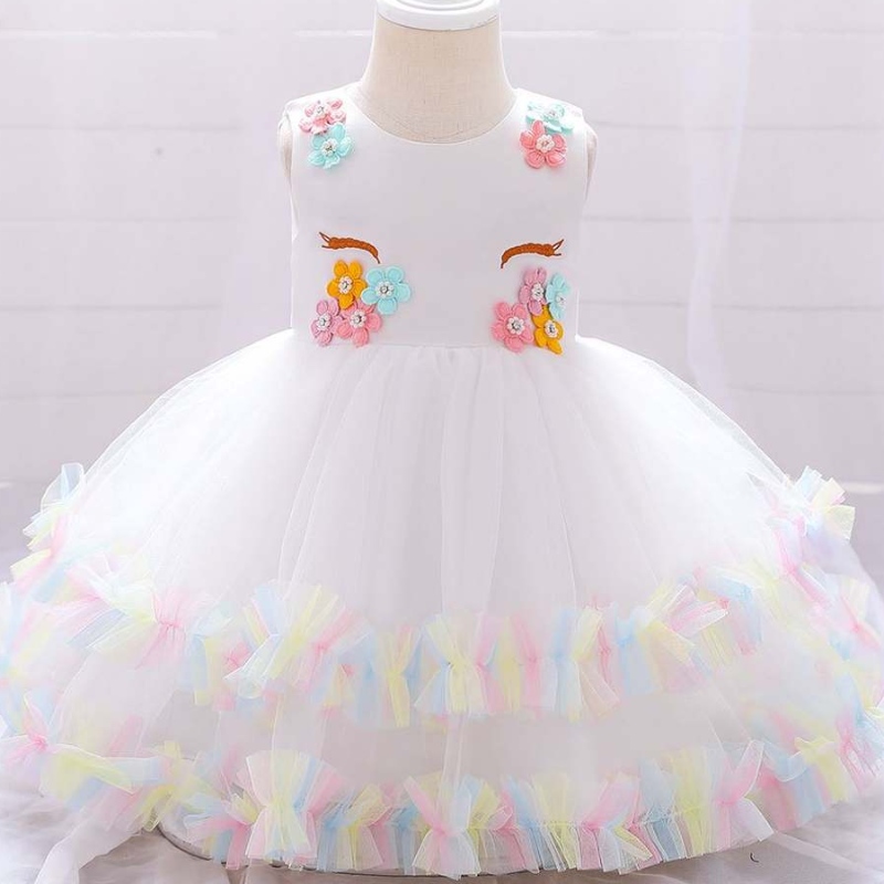 Baige White Unicorn Infant Toddlers Frock Summer Baby Girls Baptême Robe DJS025