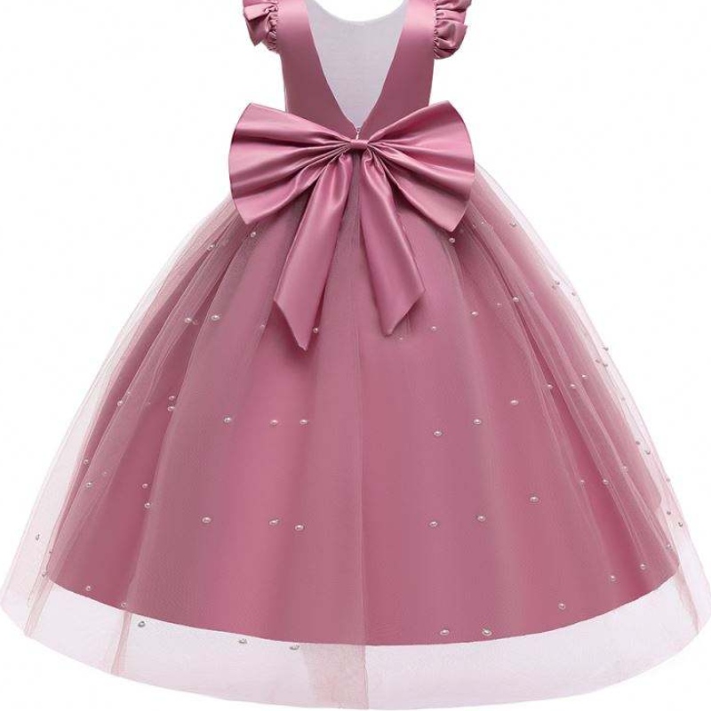 Baige en gros perles de longue demoiselle d'honneur robe pour enfants Party Portez des vêtements d'enfants de fête