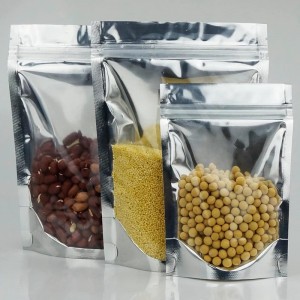 Sacs de pochettes debout en aluminium, avant clair avec papier d\'aluminium arrière ziplock refermable et chaleur scelable pour le stockage des aliments