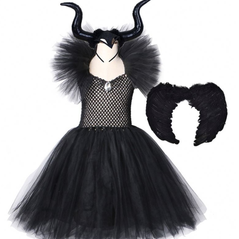 Kids Black Devil Tutu Tutu Costume Halloween Girls Fancy Tutu Robe avec plume châle Royale Royale Robe maléfique Maleficent Robe