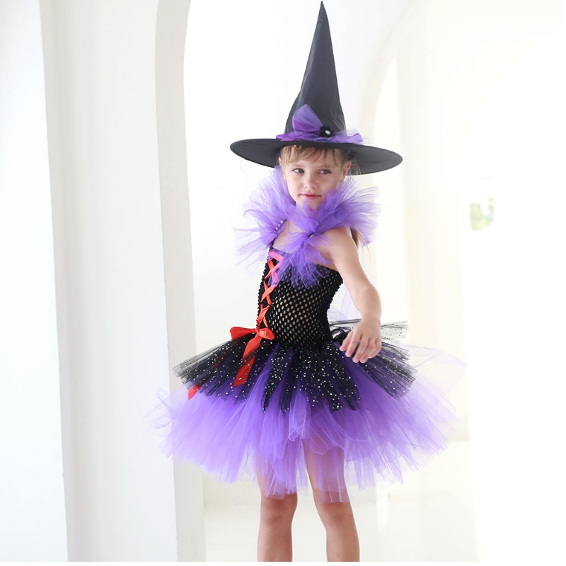 Amazon Costume de robe de sorcière tutu chaude pour filles avec des sorcières Halloween Carnival Party