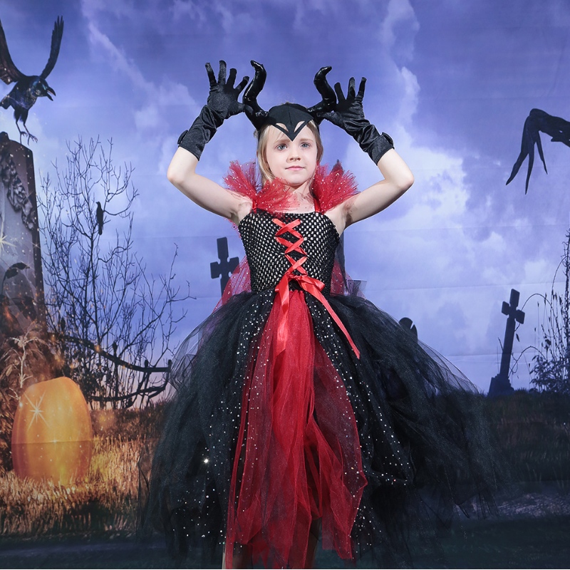 Amazon Hot Sell Kids Girls Deluxe Halloween Vampire Witch Costume Fairy Princess Evil Tutu Dress Horns Bandband
