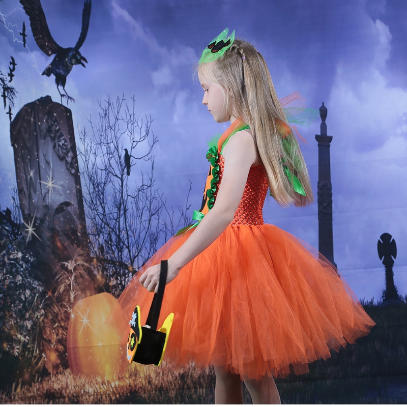 Amazon Hot Sell Kids Girl Halloween Robe Pumpkin Mesh Tulle Tutu Robe