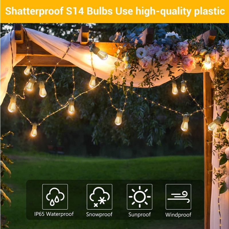 48 pieds Solar Outdoor RVB String Lights, Dimmable Patio String Lights with 2 Remote Control, Solar String Lights étanche avec 15 lumières suspendues dalmables pour Garden Bistro, fête