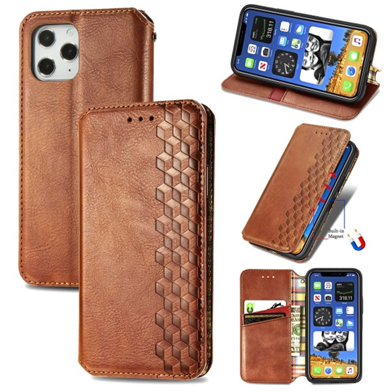 Applicable à l'iPhone 13 Flip Magnetic Phone Le cuir Case, Carte insérée Portefeuille, Apple 12 en forme de diamant Case de protection d'aspiration opposée