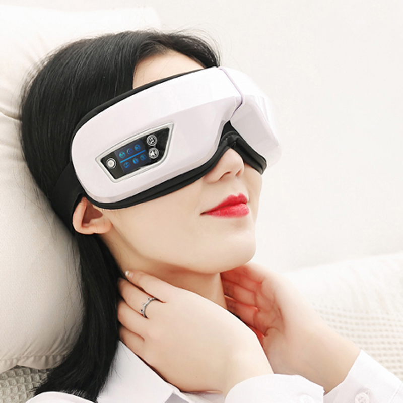 Masseur oculaire à pression d'air chauffée électrique 6D avec chaleur, vibration Bluetooth Musique masseur oculaire chauffé intelligent, massage adaptatif du temple pour se détendre, améliorer la circulation des yeux, réduire les yeux secs, les cernes, détendre la souche oculaire