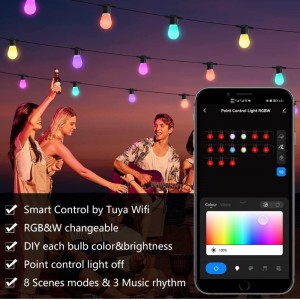 Lumières de chaîne de couleur intelligente, lumières de patio intelligentes de 48 pieds Smart RGBW LED LETH, application&Contrôle WiFi, fonctionne avec Alexa, les lumières de la chaîne de couleur avec des ampoules Dimmable 15 LED, ...