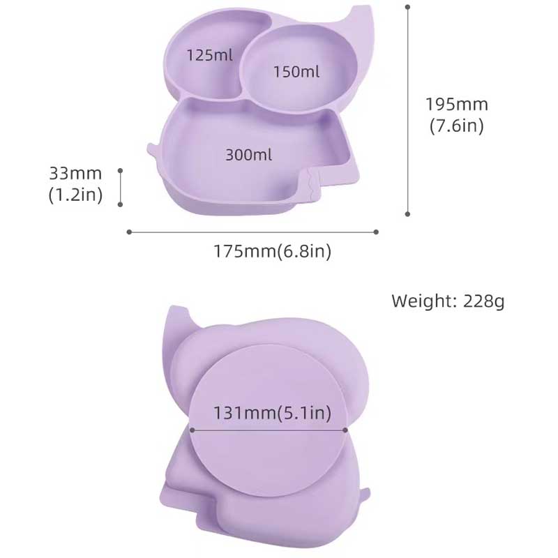 Assiettes d'aspiration pour bébés Silicone Elephant Assiette complémentaire alimentaire pournourrissons Elephant BPA Babe Dîner Bol Silicone Couleur personnalisée Dîner acceptable Assiette divisée pour les enfants