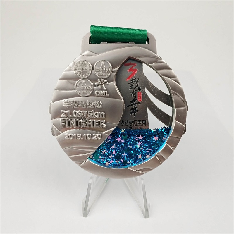 Concevez votre propre médaille d'alliage de sport avec lonyard Inject Inject Liquid Liquid Sands Silver Medallion