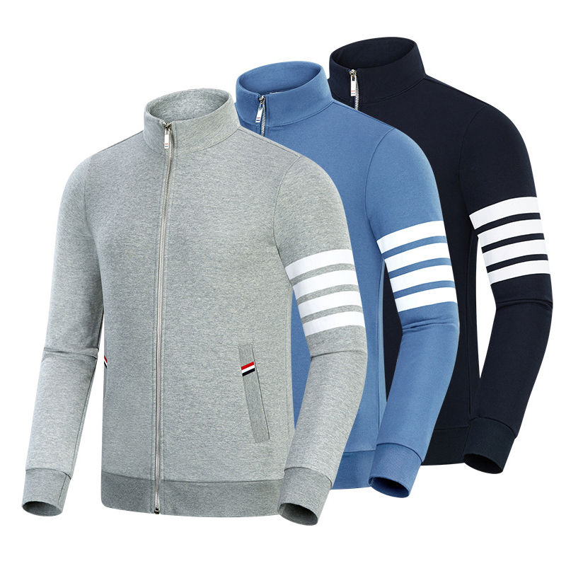 Printemps et automne Nouveau quatre bars Cotton Fashion Casual Small Stand Collar Men \\ S et Women's Zipper à manches longues manteau
